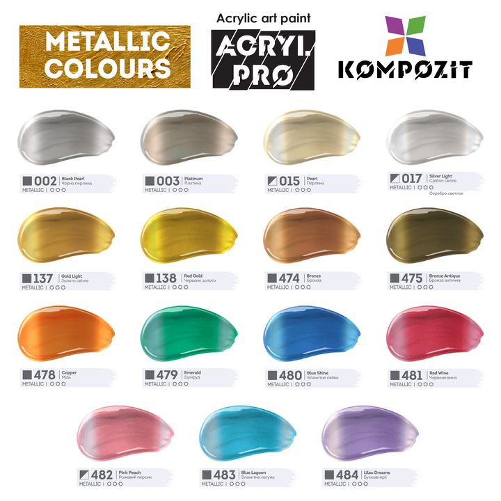 Set metallischer Acrylfarben ACRYL PRO Kompozit 15x75 ml – Detailansicht 3 | ARTMIE