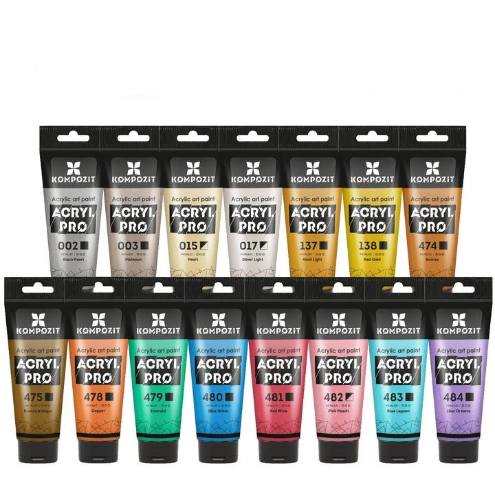 Set metallischer Acrylfarben ACRYL PRO Kompozit 15x75 ml | ARTMIE