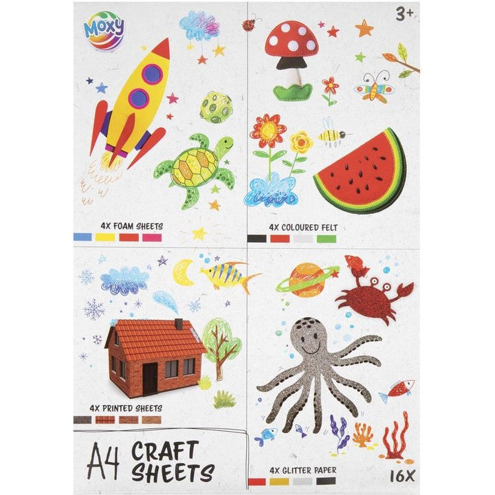 MOXY A4 Bastelbögen Set - 16 Stück Schaumstoff, Filz, Glitter und bedrucktes Papier | ARTMIE