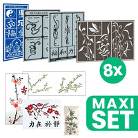 Set di stencil per pittura e tatuaggi fantasy asiatici - 8 tipi e dimensioni diverse
