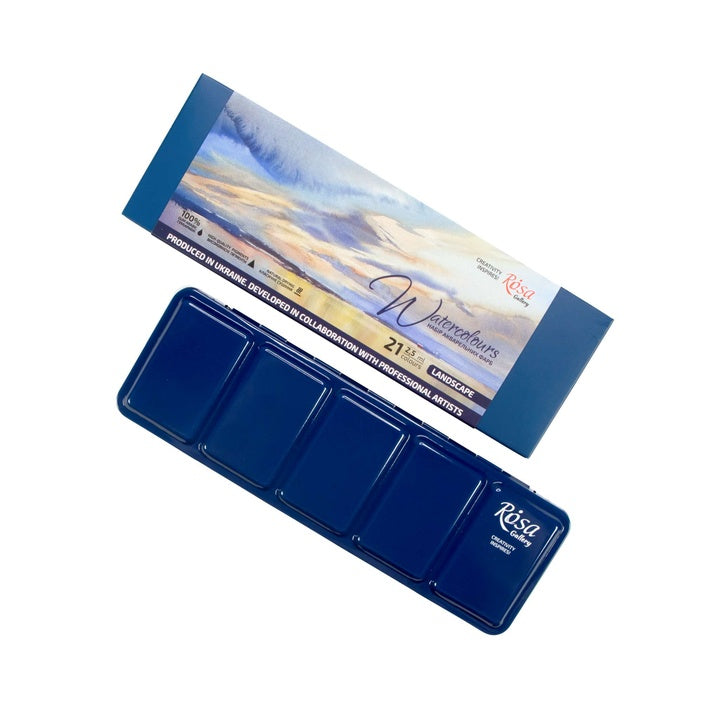Aquarellfarben-Set "Landschaft" ROSA GALLERY, Metallkoffer, Indigo, 21 Farben, volle Töpfe