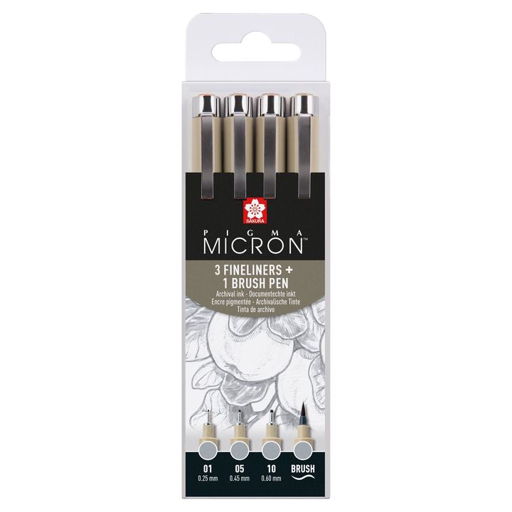 Sada technických pier Sakura Pigma Micron 3 fineliners a brush pen — obrázok 1
