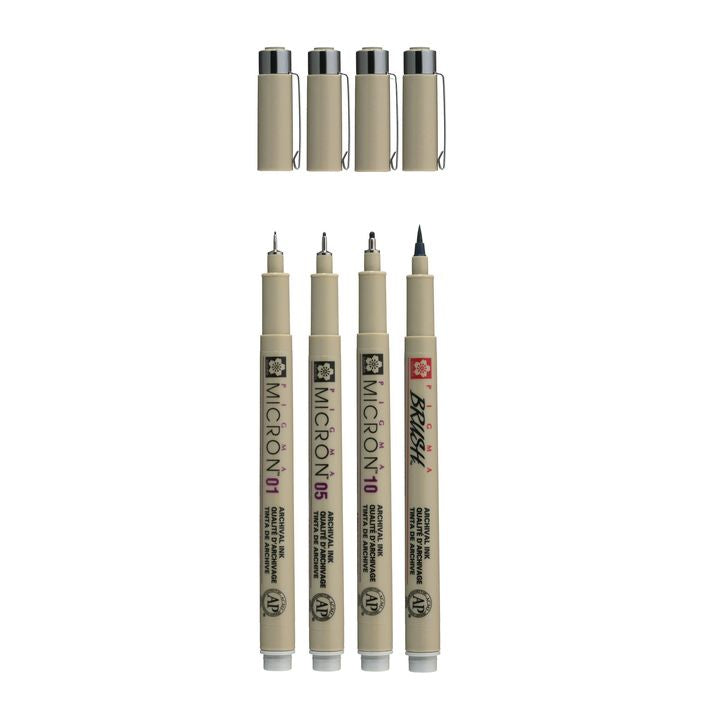 Sada technických pier Sakura Pigma Micron 3 fineliners a brush pen — obrázok 2