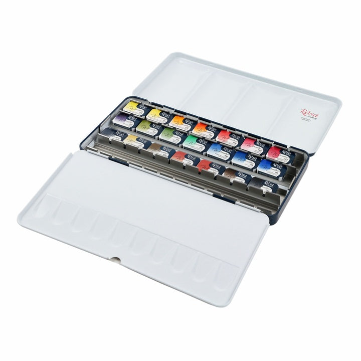 Set von Aquarellfarben "Classic" Metallgehäuse, 21 Farben, volle Pfannen, ROSA GALLERY